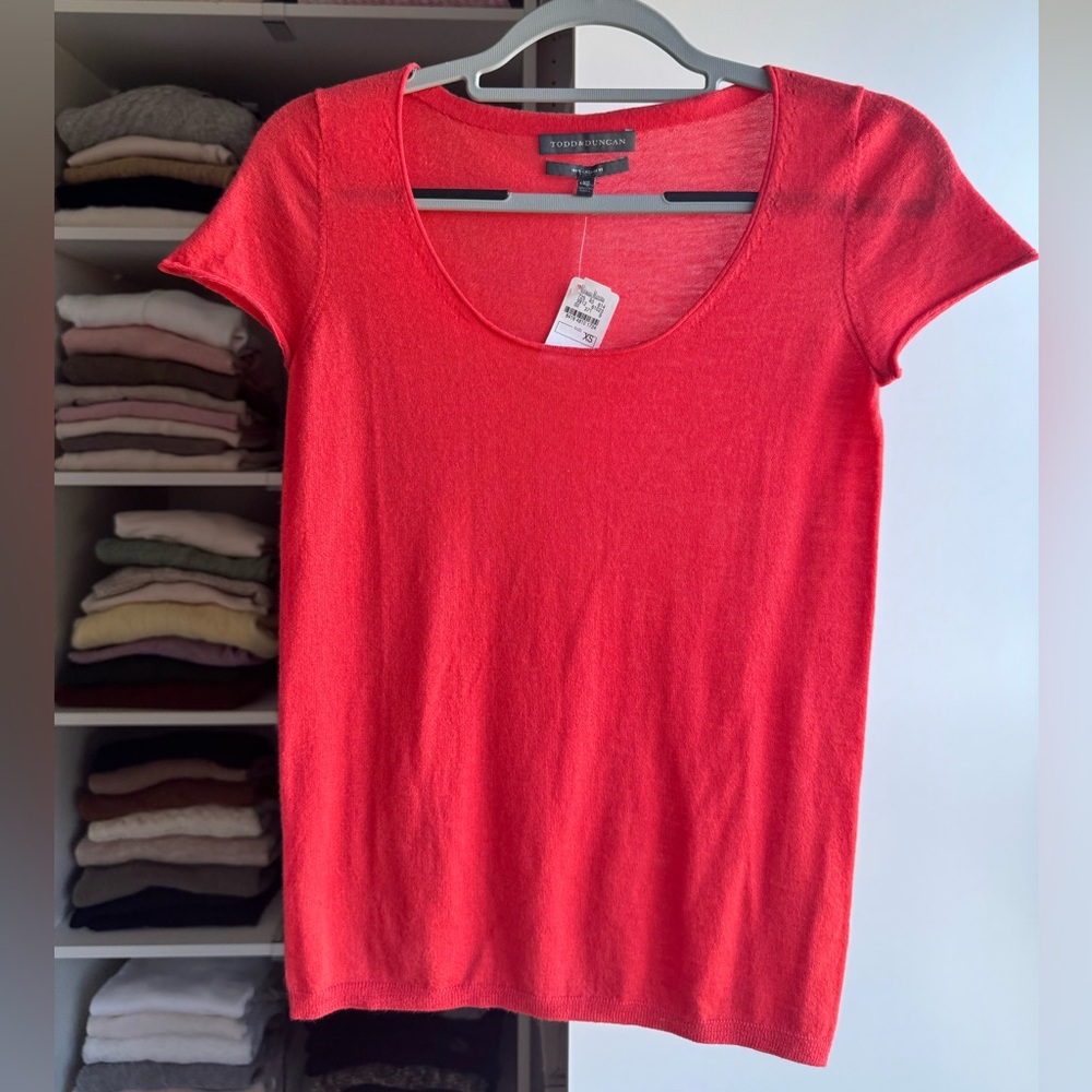 Todd & Duncan XS Light 100% Cashmere Short Sleeve Top Coral NWT